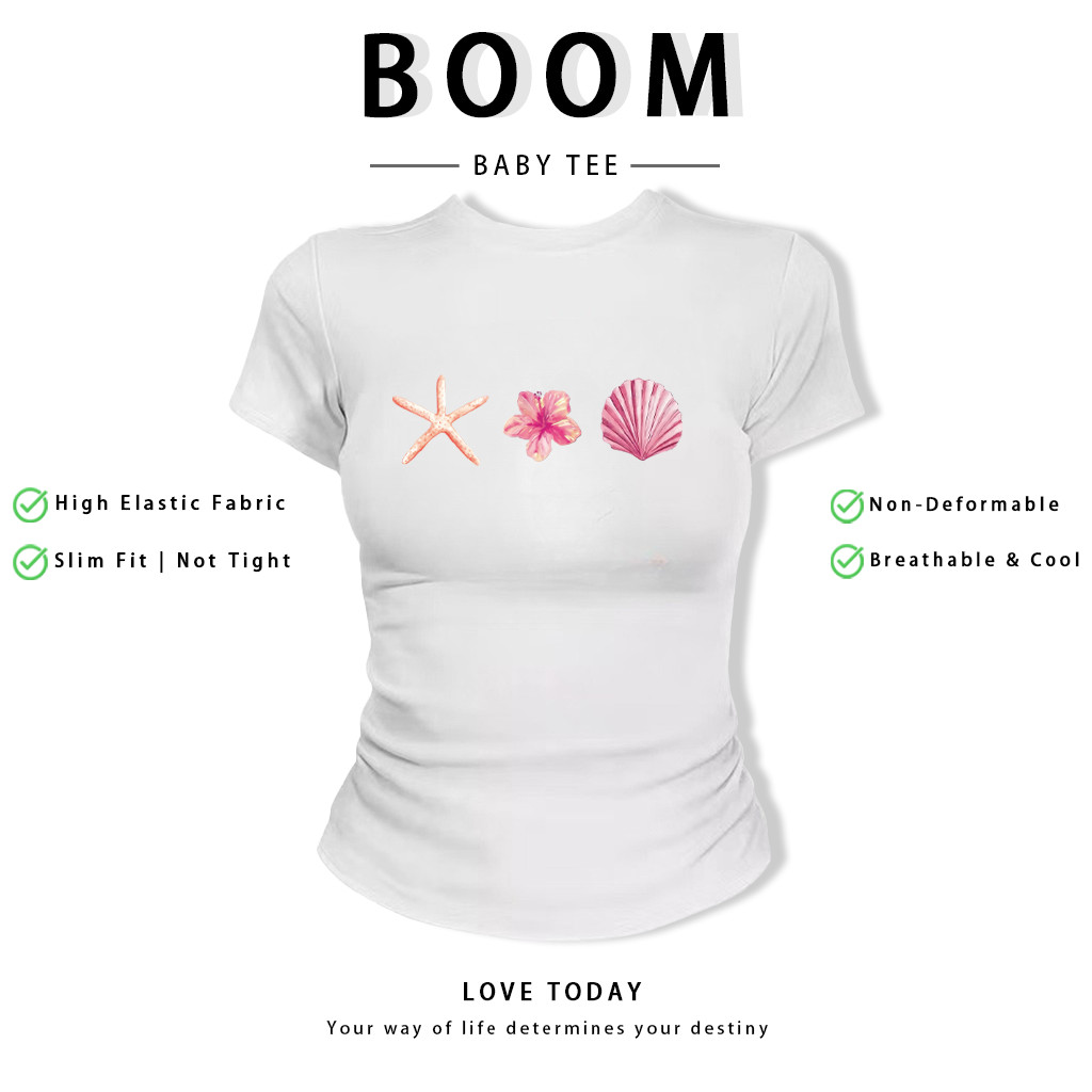 BOOM Áo Baby Tee Nữ Cotton Ôm Body-Áo Thun Ngắn Tay Y2K In Hình PhongCách Mùa Hè, Cổ Tròn Hàng Đầucách hàn quốc phongW60
