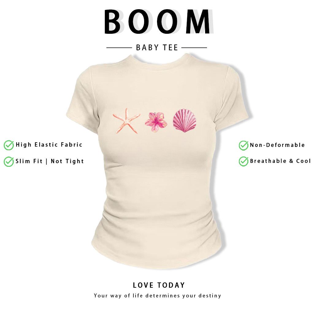 BOOM Áo Baby Tee Nữ Cotton Ôm Body-Áo Thun Ngắn Tay Y2K In Hình PhongCách Mùa Hè, Cổ Tròn Hàng Đầucách hàn quốc phongW60