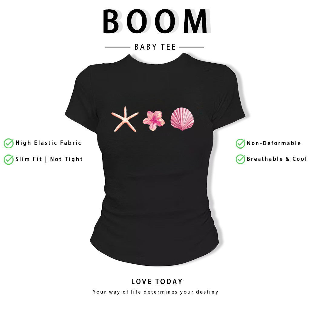 BOOM Áo Baby Tee Nữ Cotton Ôm Body-Áo Thun Ngắn Tay Y2K In Hình PhongCách Mùa Hè, Cổ Tròn Hàng Đầucách hàn quốc phongW60