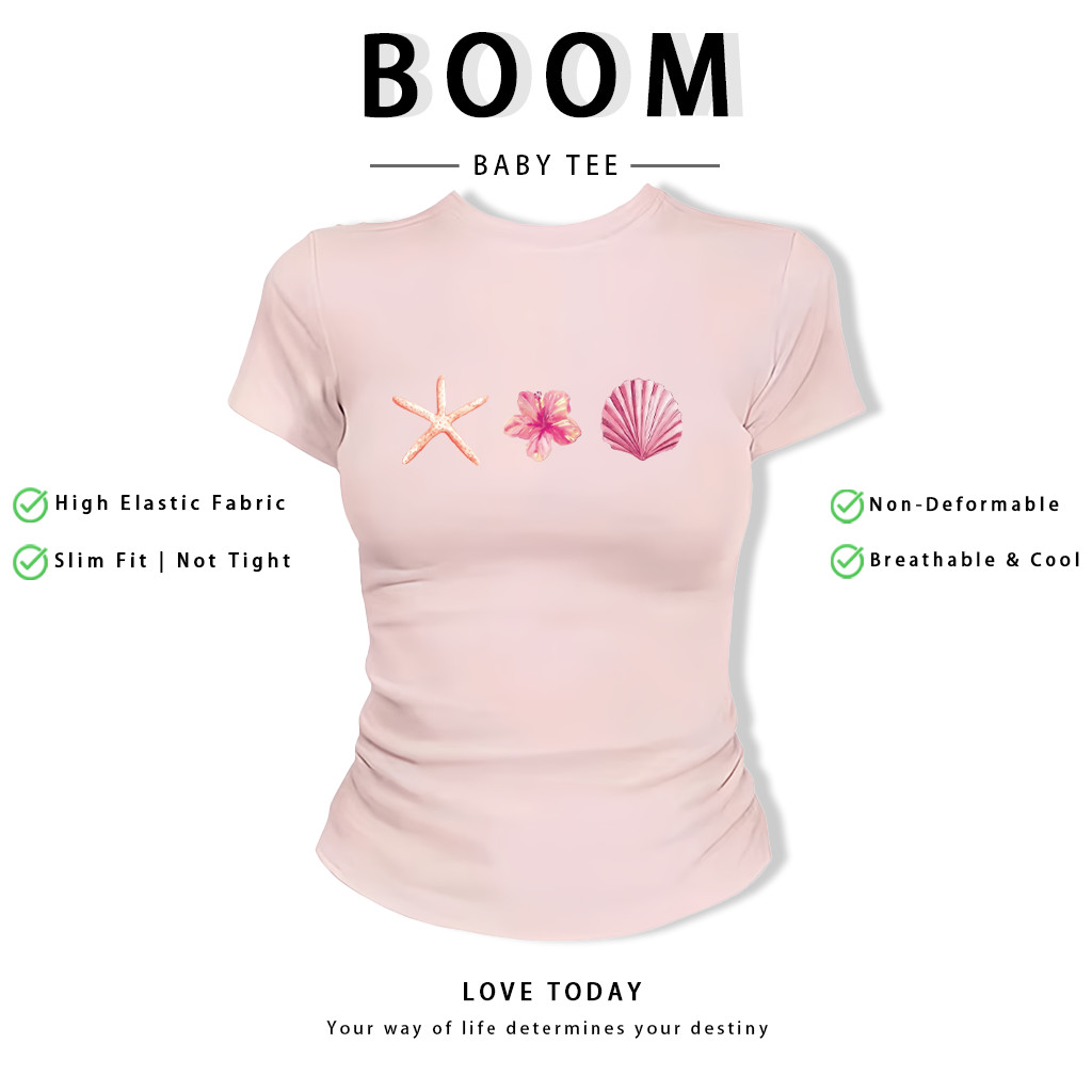 BOOM Áo Baby Tee Nữ Cotton Ôm Body-Áo Thun Ngắn Tay Y2K In Hình PhongCách Mùa Hè, Cổ Tròn Hàng Đầucách hàn quốc phongW60
