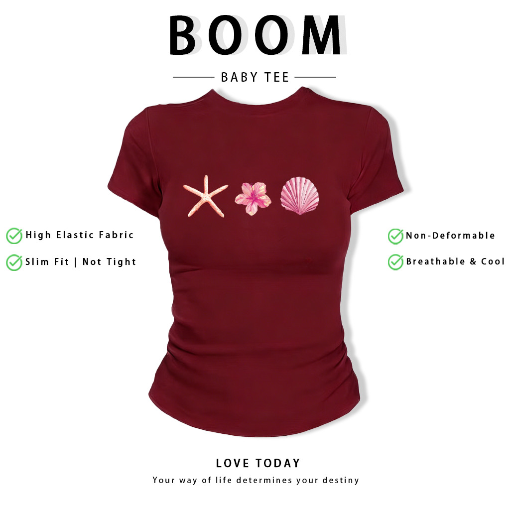 BOOM Áo Baby Tee Nữ Cotton Ôm Body-Áo Thun Ngắn Tay Y2K In Hình PhongCách Mùa Hè, Cổ Tròn Hàng Đầucách hàn quốc phongW60