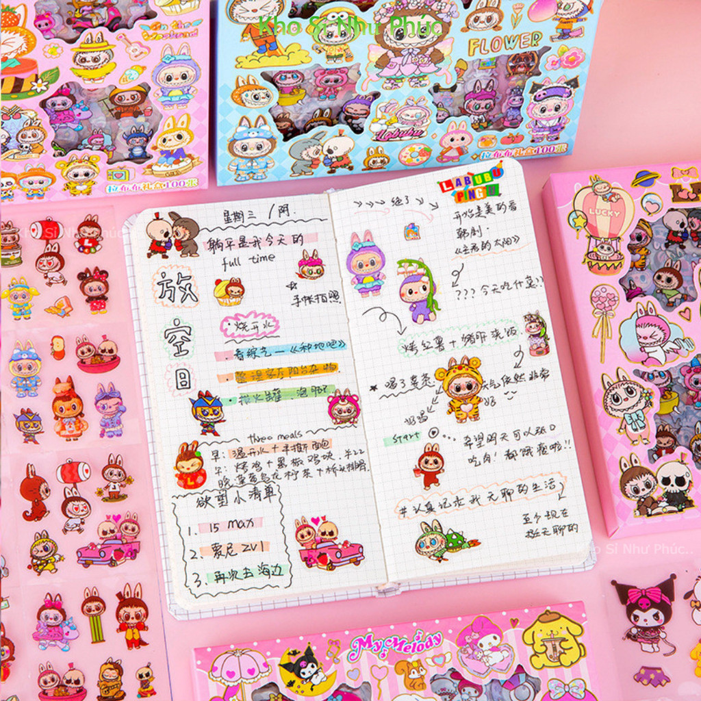 100 Miếng Dán Hoạt Hình LABU, KITTY, SANRIO, CAPPY...dễ thương