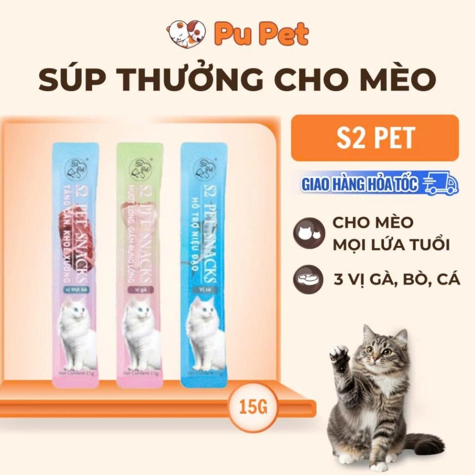 [200 Thanh] Súp Thưởng Cho Mèo S2PET 15g Thịt Tươi Nguyên Chất, Bổ Sung Vitamin, Không Chất Bảo Quản