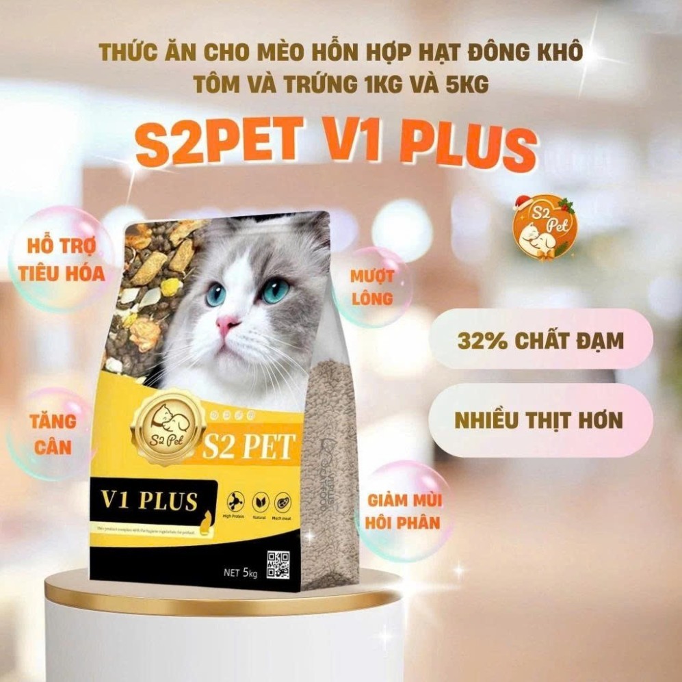 Hạt Cho Mèo S2PET V1 Túi 5kg Mix Thịt Sấy Đông Khô Giàu Đạm Cho Mèo Biếng Ăn