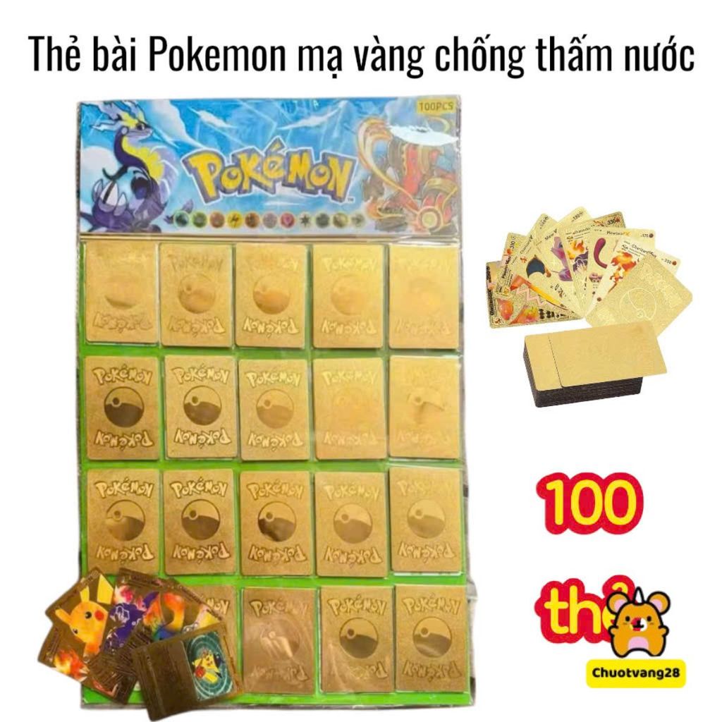 Đồ chơi thẻ pokemon 100 lá cầu vồng 7 màu, thẻ bài pokemon mạ vàng