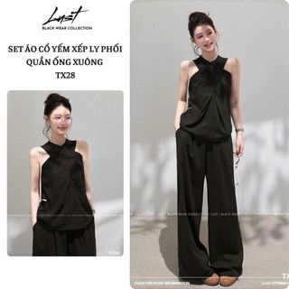 Set Đồ Nữ Thiết Kế Áo Chéo Phối Quần Ống Rộng LUST Set Đồ Công Sở Nữ Cổ Xoắn Hở Vai Siêu Sang TX28