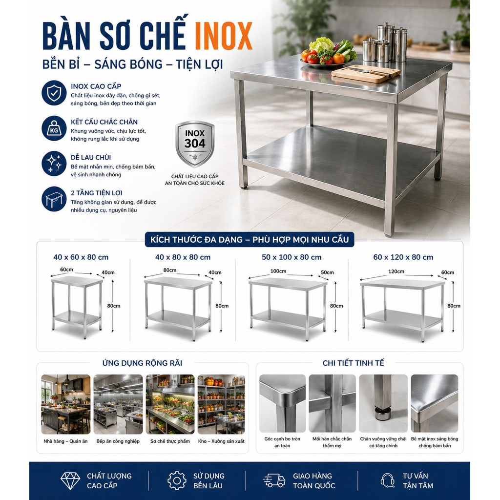 Bàn sơ chế inox 2 tầng đủ kích thước sản xuất tại xưởng ( nhận đặt hàng theo y/cầu)