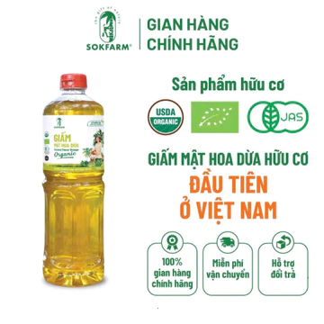 Giấm Mật Hoa Dừa Organic Sokfarm, chứa giấm cái, thay thế giấm táo - VỊ CHUA HẬU NGỌT - CHAI 1L ( OganicStoreVn ) (MocNh
