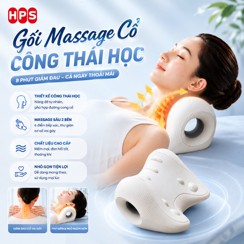 Gối Massage Cổ Gáy Tại Nhà Công Thái Học HPS Giúp Kéo Dãn Đốt Sống Cổ, Thư Giãn, Giảm Đau Mỏi Cổ Vai Gáy HiệuQuả thuytam