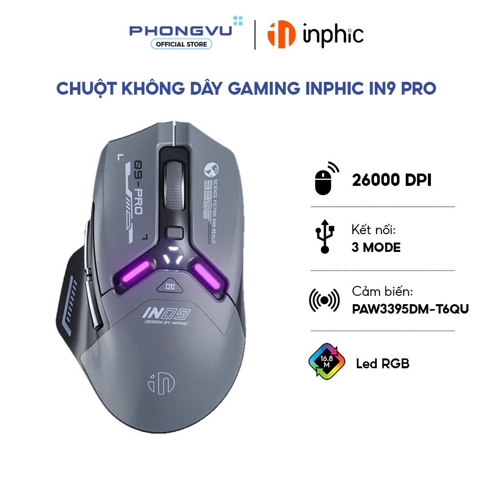 Chuột không dây Gaming Inphic IN9 Pro PixArt PAW3395 (Xám) - Bảo hành ...