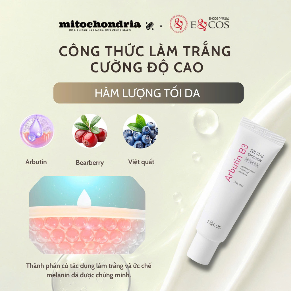 Tinh chất giúp thu nhỏ lỗ chân lông & sáng da E&COS Arbutin B3 Toning Emulsion 50ml