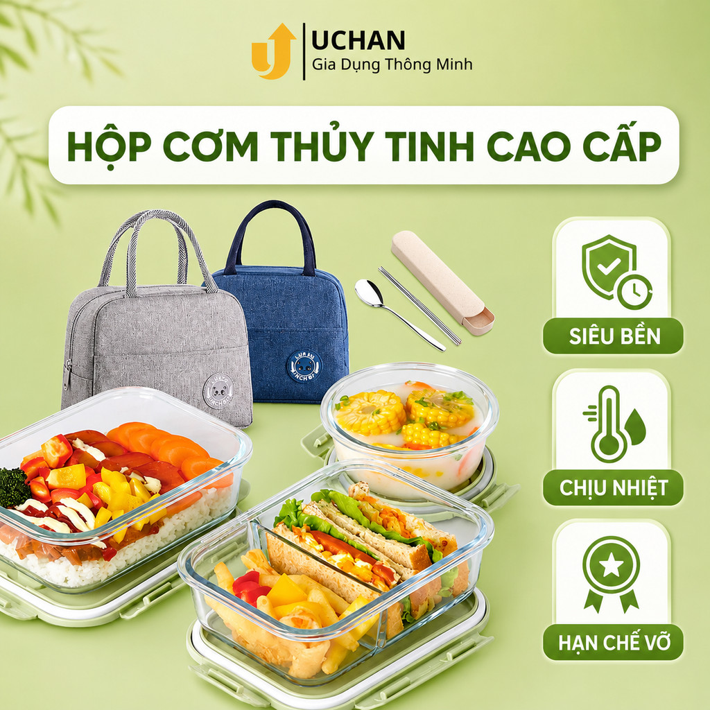 Hộp cơm thủy tinh văn phòng chia ngăn chống tràn UCHAN chịu nhiệt dùng được trong lò vi sóng SP08