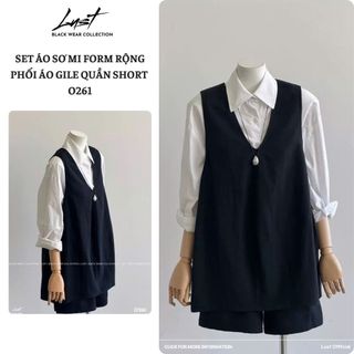 Set Áo Sơ Mi Form Rộng Phối Ghi Lê Quần Short LUST Set Đồ Nữ Phong Cách Hàn Vintage Trẻ Trung O261