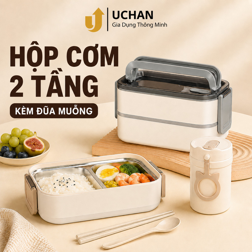 Hộp đựng cơm giữ nhiệt Uchan Hộp cơm văn phòng dùng được trong lò vi...