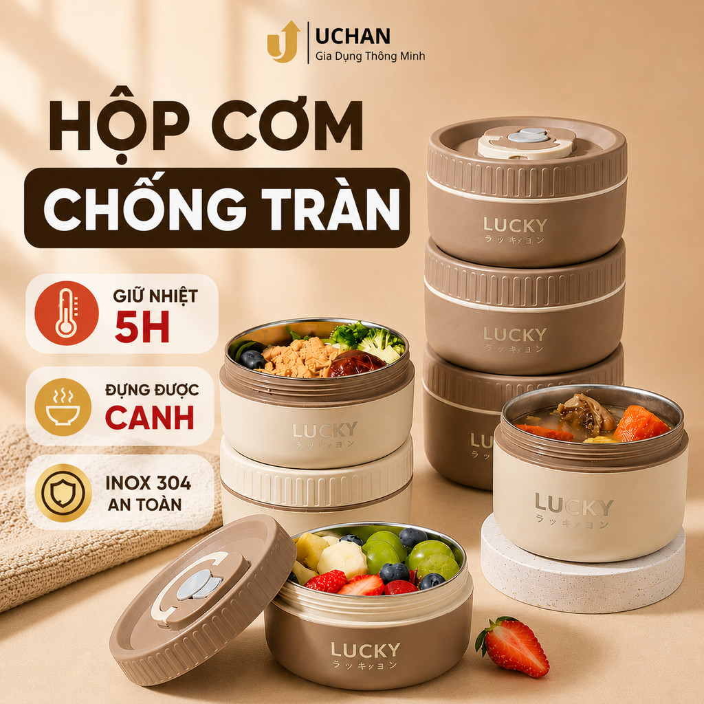 Hộp đựng cơm giữ nhiệt Lucky chống tràn Hộp cơm cặp lồng inox 304 chi...