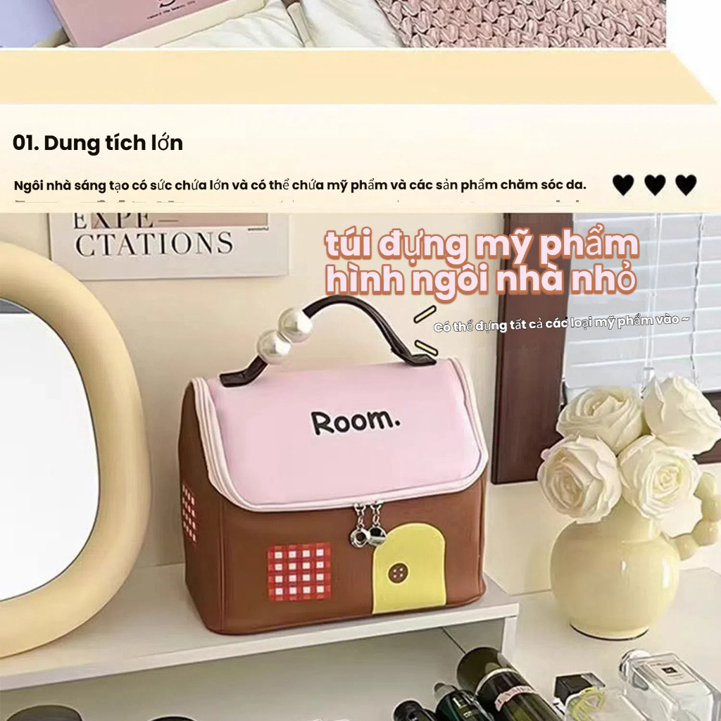 Túi đựng mỹ phẩm cầm tay hình ngôi nhà sang trọng, dung tích lớn để được nhiều đồ aban