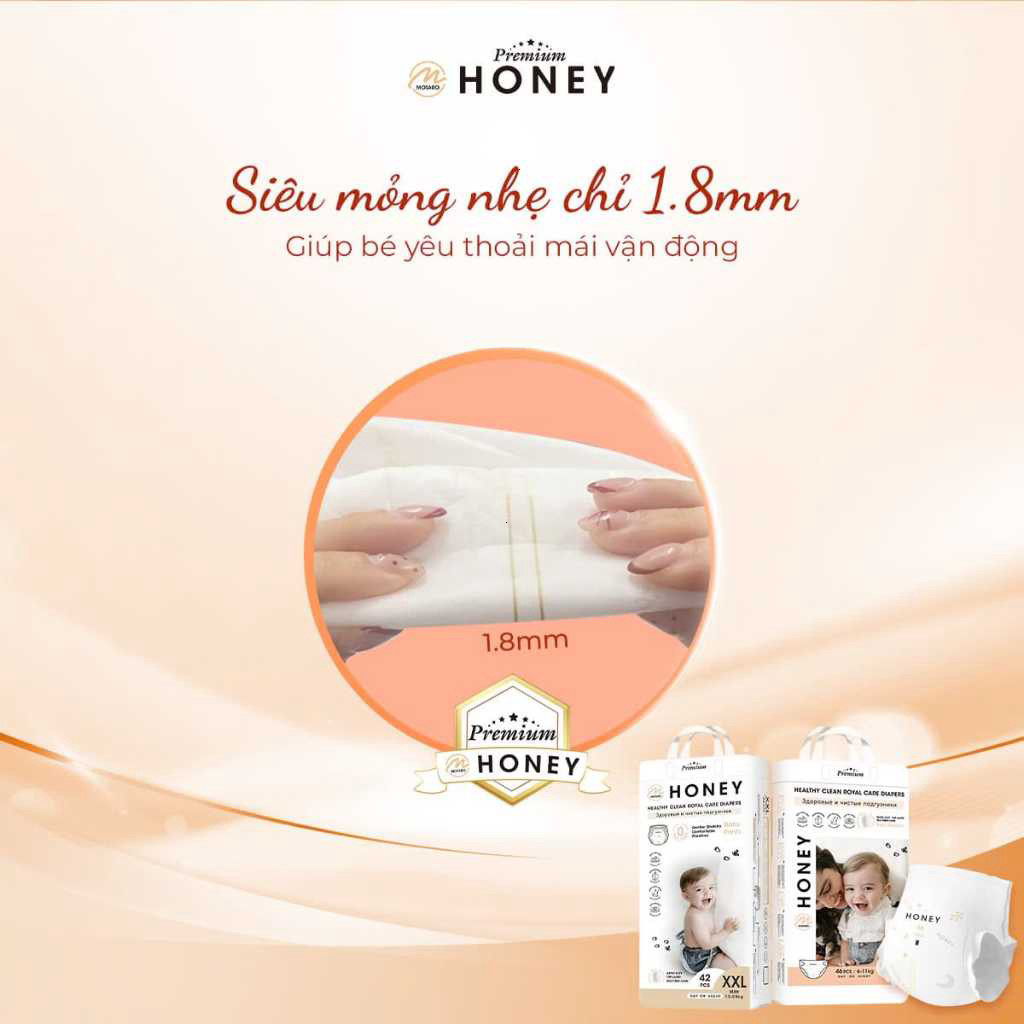 Tã Quần Honey Premium Chính Hãng Tơ tằm siêu mỏng nhẹ, thấm hút tốt đủ size cho bé