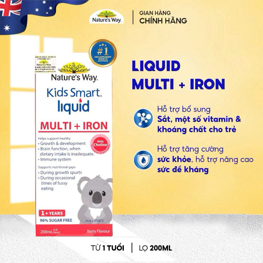 Siro Bổ Sung Sắt Và Multi Vitamin Cho Bé Nature's Way Kids Smart Liquid Multi + Iron Hỗ Trợ Nâng Cao Đề Kháng 200ml
