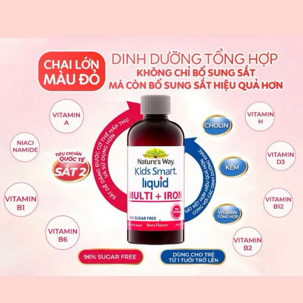 Siro Bổ Sung Sắt Và Multi Vitamin Cho Bé Nature's Way Kids Smart Liquid Multi + Iron Hỗ Trợ Nâng Cao Đề Kháng 200ml