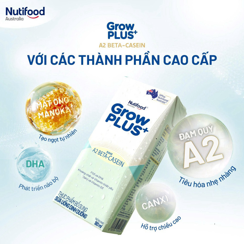 [DEAL SỐC] Sữa Bột Pha Sẵn GrowPLUS+ A2 Beta-Casein Thùng 24 Hộp 110/180ml - Bé Dễ Hấp Thu, Ít Đầy Bụng, Tăng Trưởng Tốt