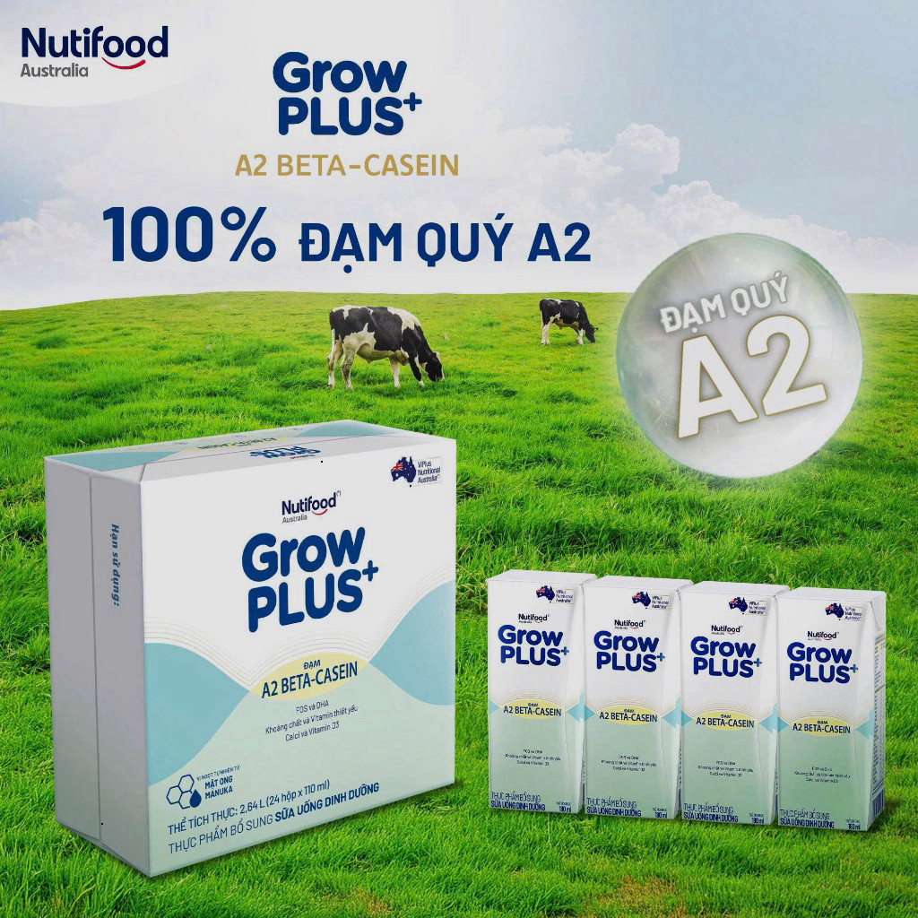 [DEAL SỐC] Sữa Bột Pha Sẵn GrowPLUS+ A2 Beta-Casein Thùng 24 Hộp 110/180ml - Bé Dễ Hấp Thu, Ít Đầy Bụng, Tăng Trưởng Tốt