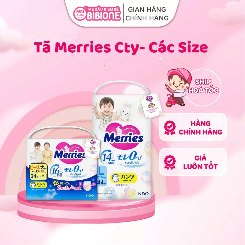 Tã dán/ Tã quần Merries CHÍNH HÃNG cho bé | Size NB76 S70 M56 L54 XL44 | Mềm mại, thấm hút tốt - BIBIONECOMBODISINH