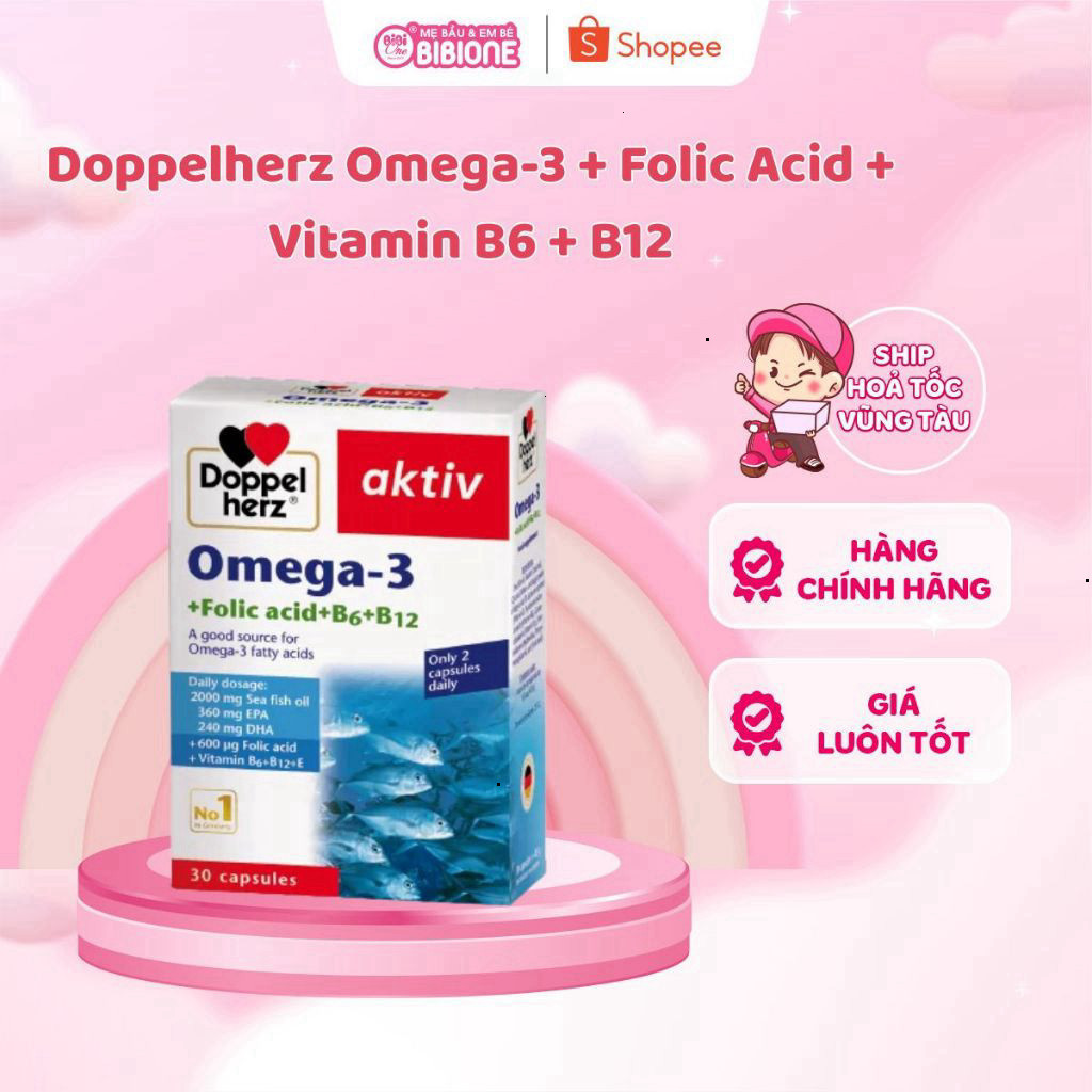 Omega 3 Doppelherz Viên Ăn Uống Folic Acid Vitamin B6, B12 30 Hộp Chuẩn Dược - BibiOne - BIBIONECOMBODISINH