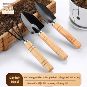 Bộ 3 món xẻng, cào, xới đất cán gỗ – Dụng cụ làm vườn mini cho gia đình, trồng rau, trồng hoa tại nhà, tay cầm chắc chắn