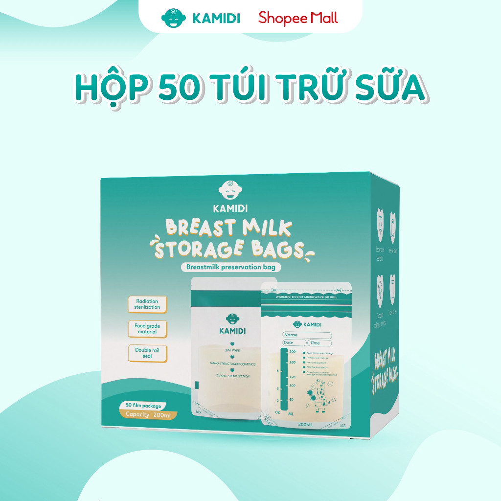 Túi Trữ Sữa Kamidi Hộp 50c Dung Tích 150ml Không Chứa BPA Có Vòi Rót Bình Sữa Tiện Lợi
