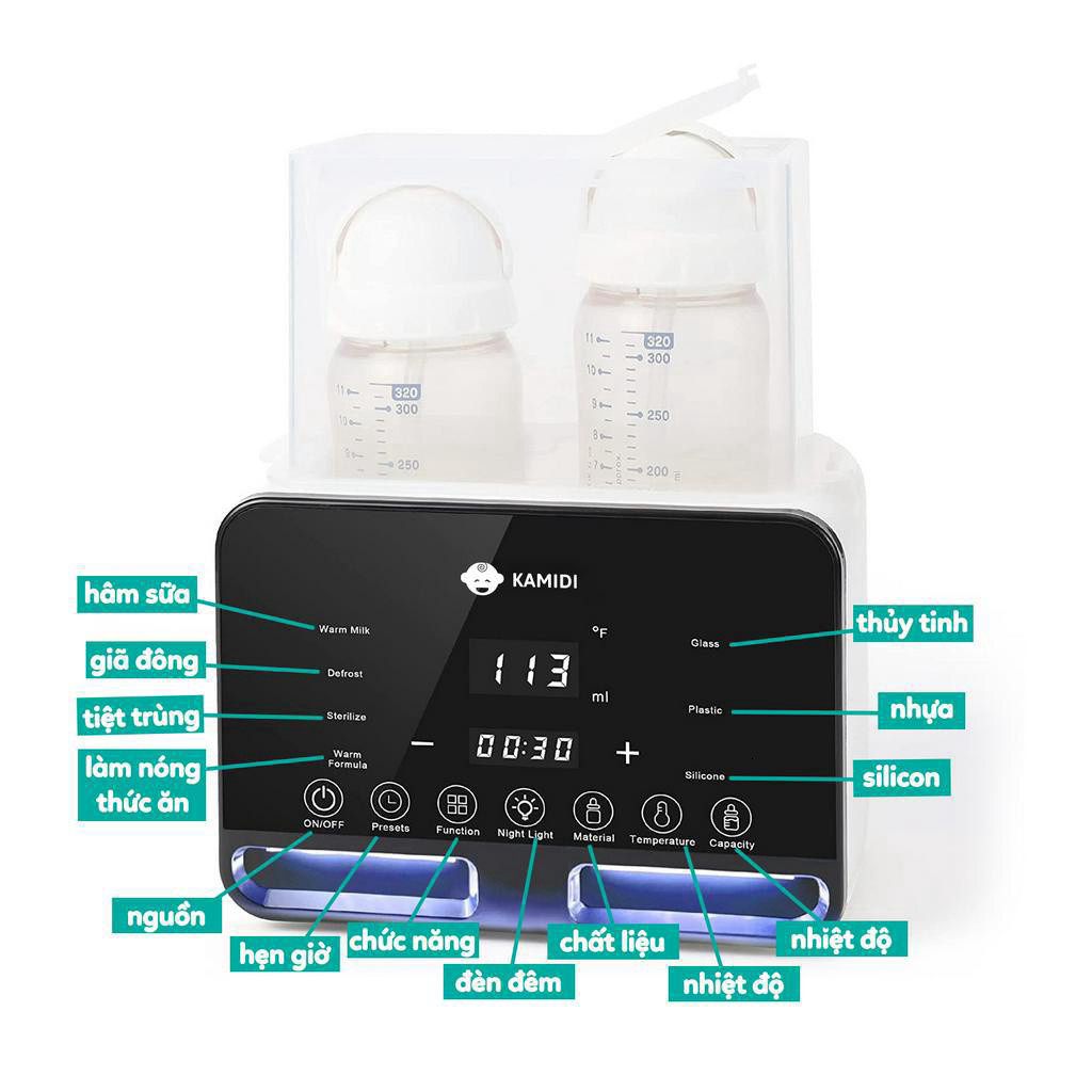 Máy Hâm Sữa Tiệt Sấy Khô Trùng Bình Sữa Điện Đôi Kamidi Heat 1 Tích Hợp 4 Chức Năng