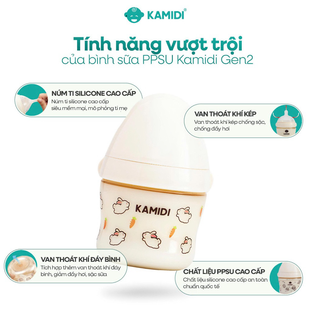 [Mới] Bình Sữa Kamidi Gen 2 PPSU Núm Mềm Mô Phỏng Ti Mẹ, Bình Sữa Thế Hệ Mới Cho Bé Tập Ti Bình