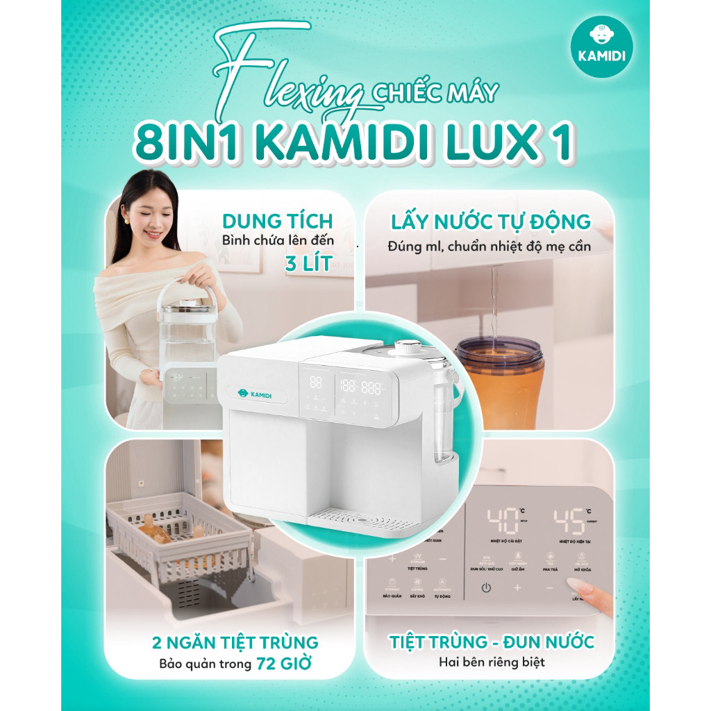 Máy Tiệt Trùng UV Kamidi Lux 1 Tiệt Trùng Bình Sữa Lấy Nước Tự Động Tích Hợp Đun Nước Pha Sữa Cho Bé