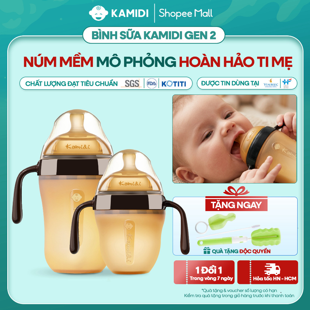 [Mới] Bình Sữa Kamidi Gen 2 Núm Mềm Mô Phỏng Ti Mẹ Bình Sữa Sơ Sinh Thế Hệ Mới Cho Bé Tập Ti Bình