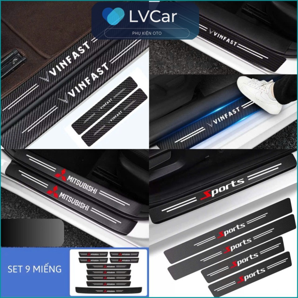 Set 9 nẹp decal dán bậc cửa xe ô tô. Decal bậc vân carbon logo các hãng VINFAST, toyota, huyndai, honda,mazda....
