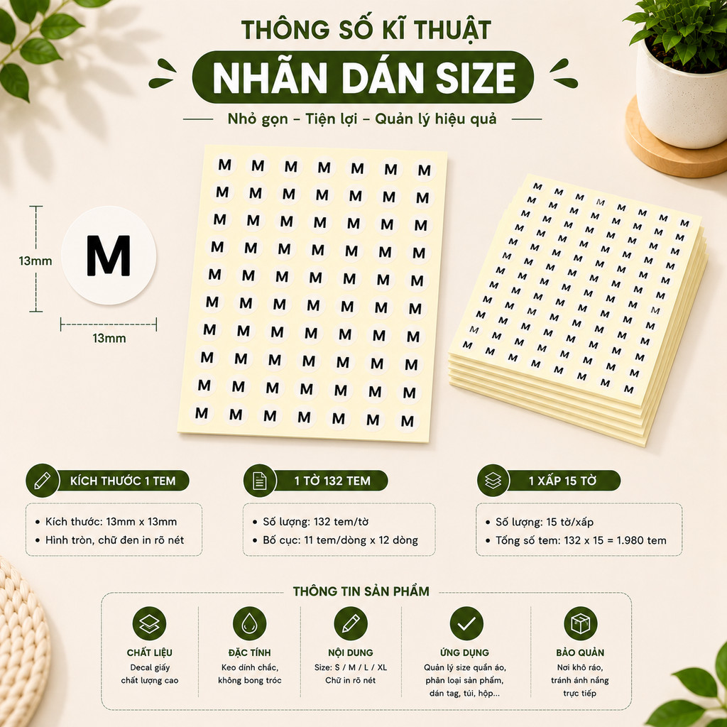 [45 TỜ] Nhãn Dán Size S M L XL - Nhãn Dán Tự Dính 13x13mm, Phân Loại Quần Áo, Phụ Kiện, Hàng Hóa
