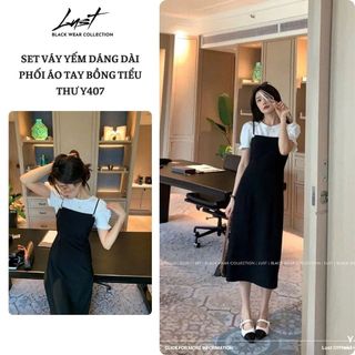 Set Váy Yếm Dáng Dài Phối Áo Tay Bồng Tiểu Thư LUST Set Yếm Hai Dây Phong Cách Hàn Quốc Y407