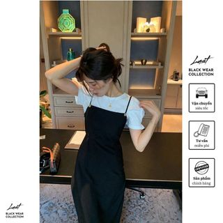 Set Váy Yếm Dáng Dài Phối Áo Tay Bồng Tiểu Thư LUST Set Yếm Hai Dây Phong Cách Hàn Quốc Y407