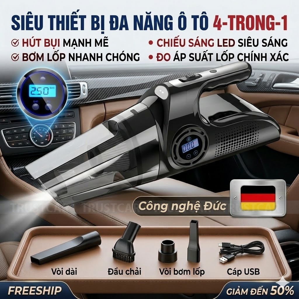 Máy Hút Bụi Đa Năng 4 Trong 1 - Hút Bụi, Bơm Lốp, Đo Áp Suất Lốp, Đèn Pin Chiếu Sáng Công Suất 120W Lực Hút 10000PA