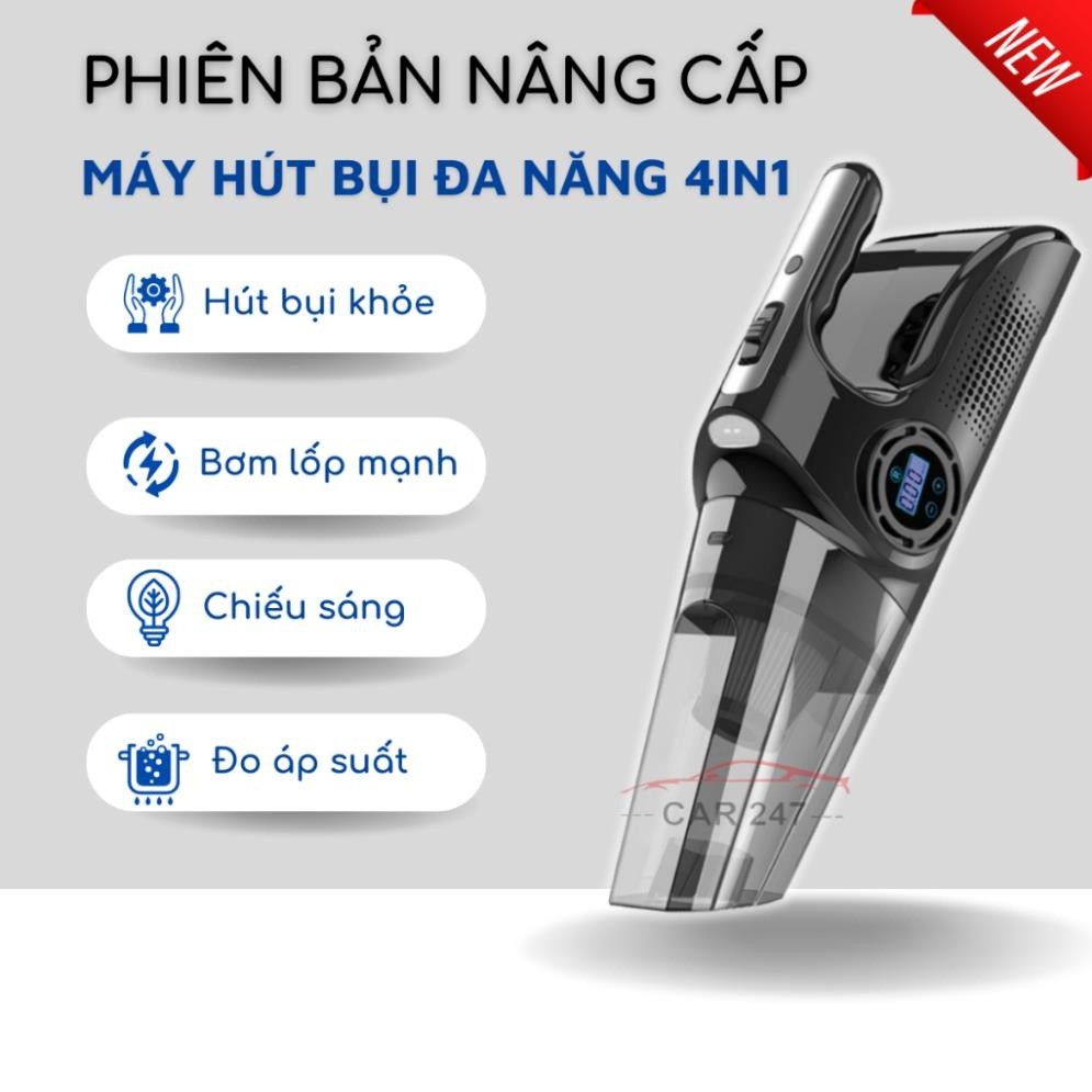 Máy Hút Bụi Đa Năng 4 Trong 1 - Hút Bụi, Bơm Lốp, Đo Áp Suất Lốp, Đèn Pin Chiếu Sáng Công Suất 120W Lực Hút 10000PA