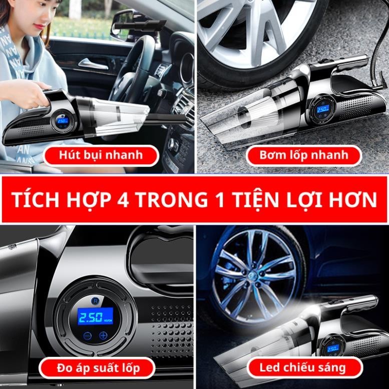 Máy Hút Bụi Đa Năng 4 Trong 1 - Hút Bụi, Bơm Lốp, Đo Áp Suất Lốp, Đèn Pin Chiếu Sáng Công Suất 120W Lực Hút 10000PA