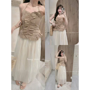 Set váy thời trang nữ chất áo tuyết mưa cổ yếm mix chân váy tơ 2 lớp dài dáng xòe dập ly thiết kế trẻ trung Shop MonFas