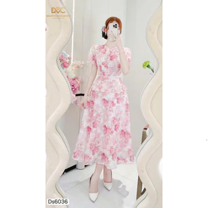 Đầm thời trang nữ mặc đi chơi dáng váy tùng xoè viền bèo đính cườm chất vải voan hoa, Shop MonFashion