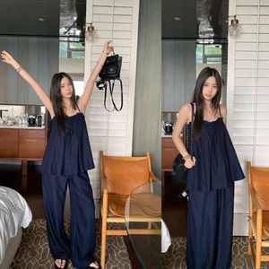 Set bộ cách điệu thời trang nữ chất vải đũi xịn áo 2 dây xòe phối cùng quần dài ống suông rộng thoải mái Shop MonFashio