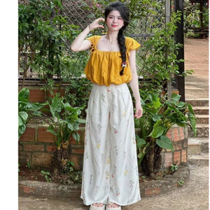 Set bộ thời trang nữ chất áo đũi dáng bí bồng dễ thương mix quần dài mango họa tiết hoa nhí diện siêu cưng Shop MonFash