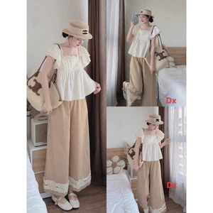 Set bộ thời trang nữ phong cách đơn điệu chất áo cotton hàn tay ngắn cổ vuông dáng babydoll phối quần tuyết mưa rộng Sh