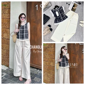 Áo kẻ phối ren cao cấp kèm quần thô lụa xuong siêu đep nha Hàng hot Shop MonFashion