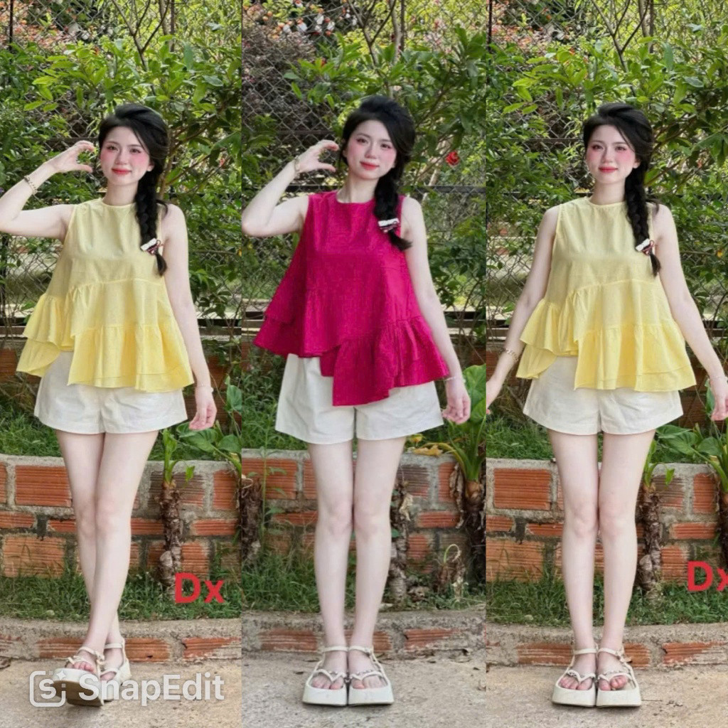 [Luna chọn] Set bộ thời trang nữ phong cách trẻ trung xinh tươi chất áo cotton hàn thiết kế sát tay cổ tròn bèo phối quầ