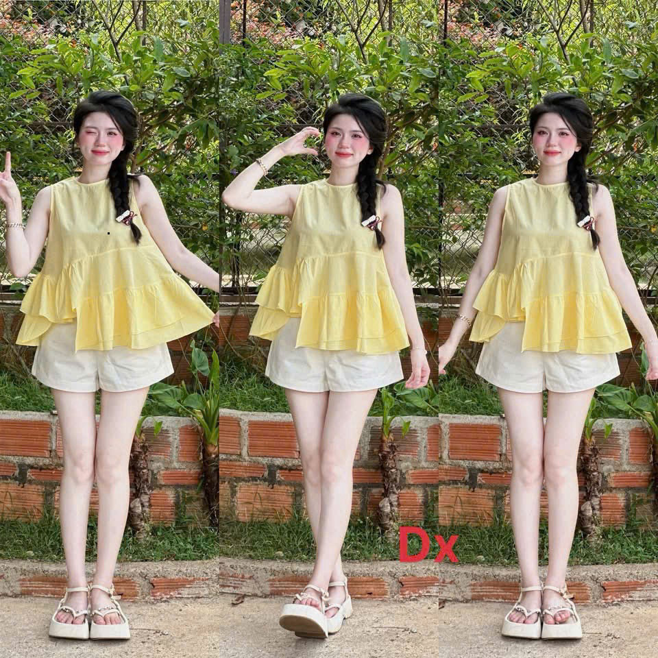 [Luna chọn] Set bộ thời trang nữ phong cách trẻ trung xinh tươi chất áo cotton hàn thiết kế sát tay cổ tròn bèo phối quầ