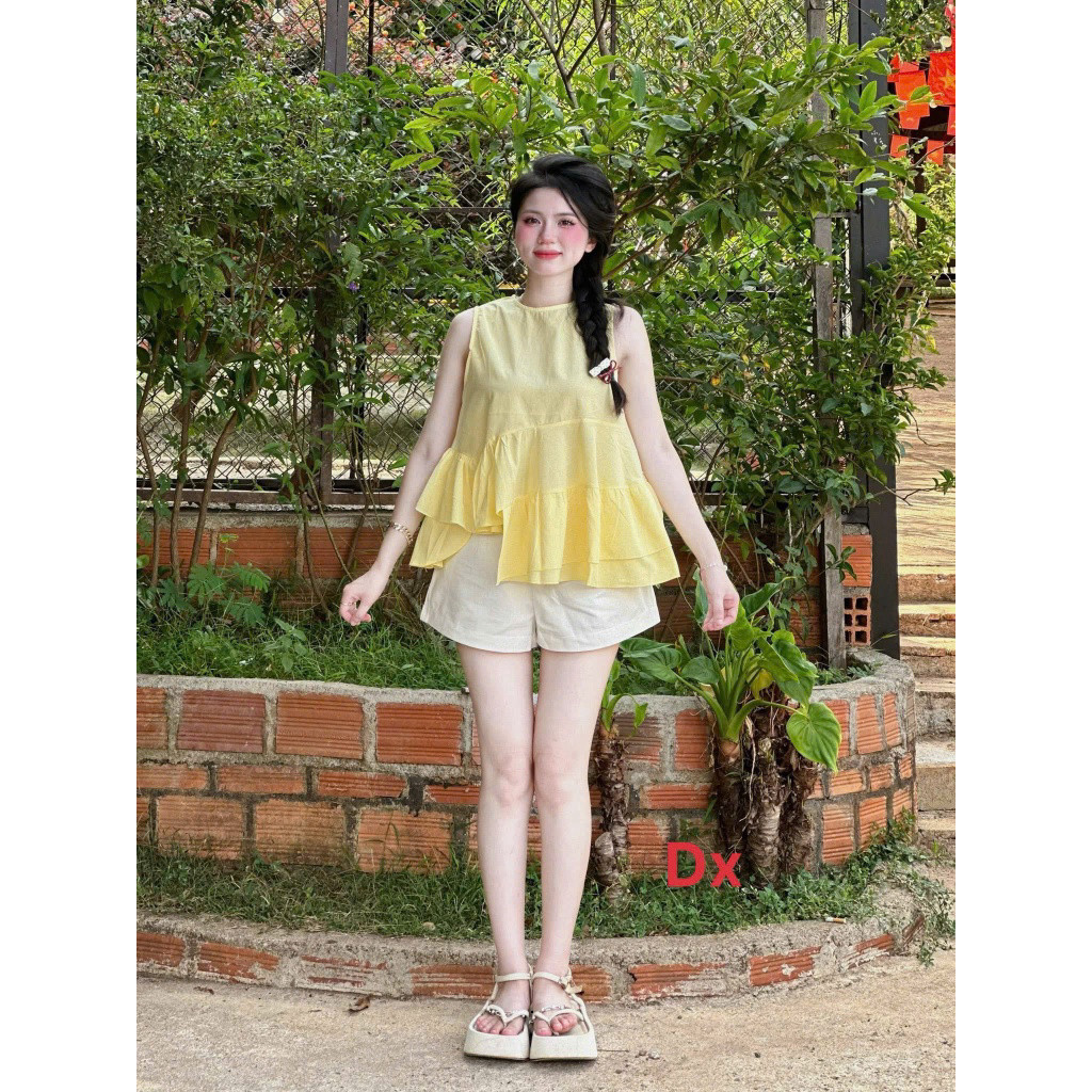 [Luna chọn] Set bộ thời trang nữ phong cách trẻ trung xinh tươi chất áo cotton hàn thiết kế sát tay cổ tròn bèo phối quầ