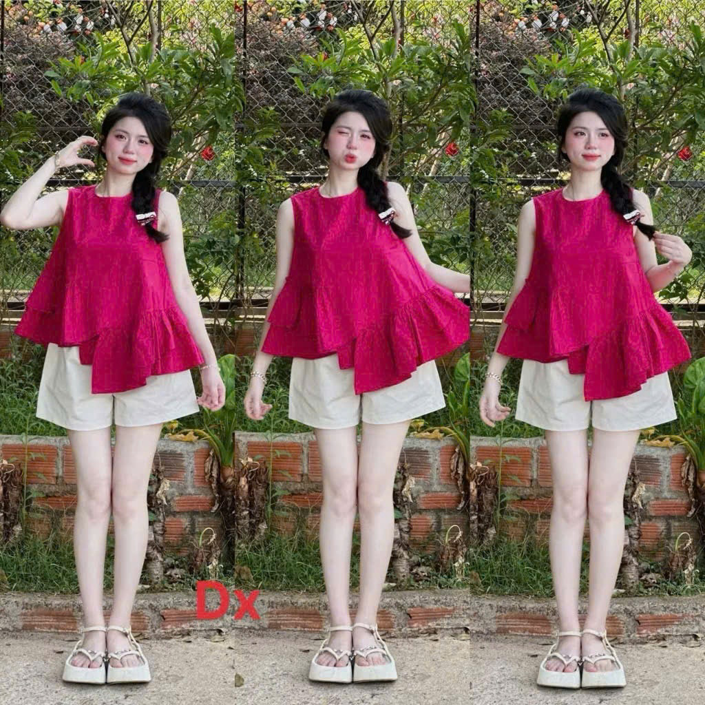 [Luna chọn] Set bộ thời trang nữ phong cách trẻ trung xinh tươi chất áo cotton hàn thiết kế sát tay cổ tròn bèo phối quầ